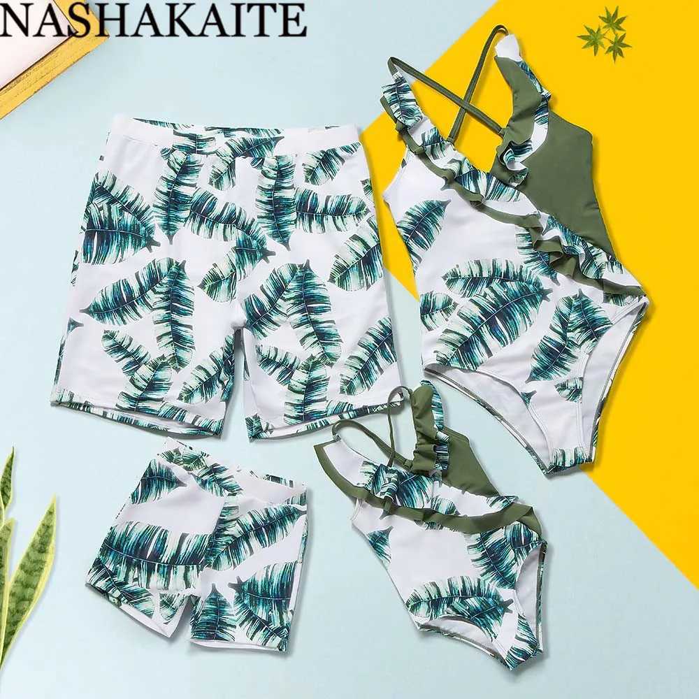 NASHAKAITE Family Swimsuits Summer Flamingo Leave Print Matching Swimwear Mommy and me swimsuit Family matching clothes W250207