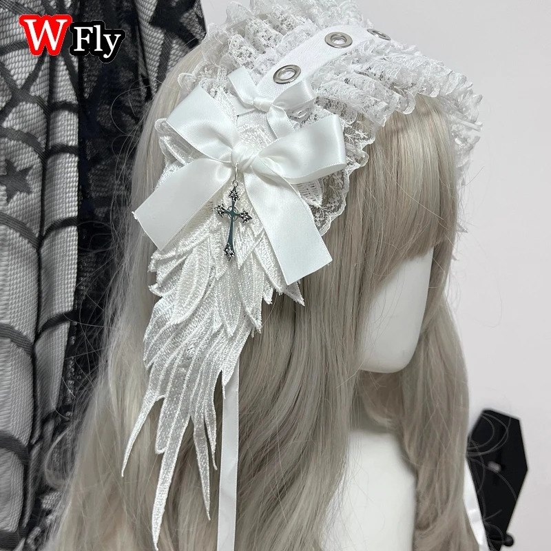 Womens Harajuku Steampunk Y2K Wing Headwear Bow Headband Lolita Gothic Dark Angel Headwear and Hair Accessories 250207