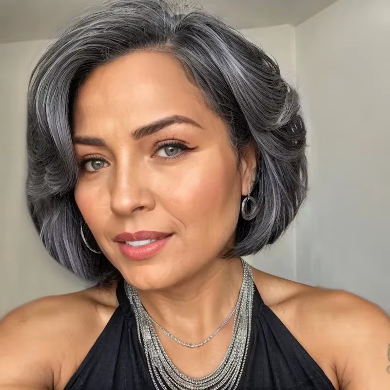 White mixed gray wig for women medium length Body wave layered wig natural looking 5x5 HD glueless wear and go 3d grey lace front closure wig