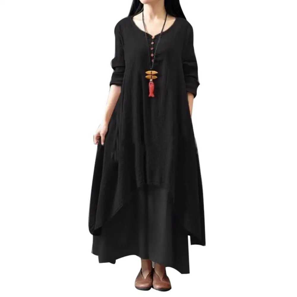 Fe Oversize Long Dresses for Women 2024 Oversized Women Solid Color Long Sve Baggy Loose Layered Maxi DressXJ2500207