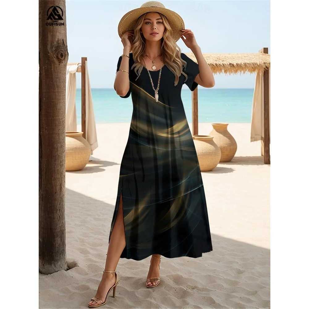 Summer Stres Print Clothing Ele Womens Slit Dress V-Neck Short Sves Long Dresses Loose Pullover Hot Selling StreetwearXJ2500207