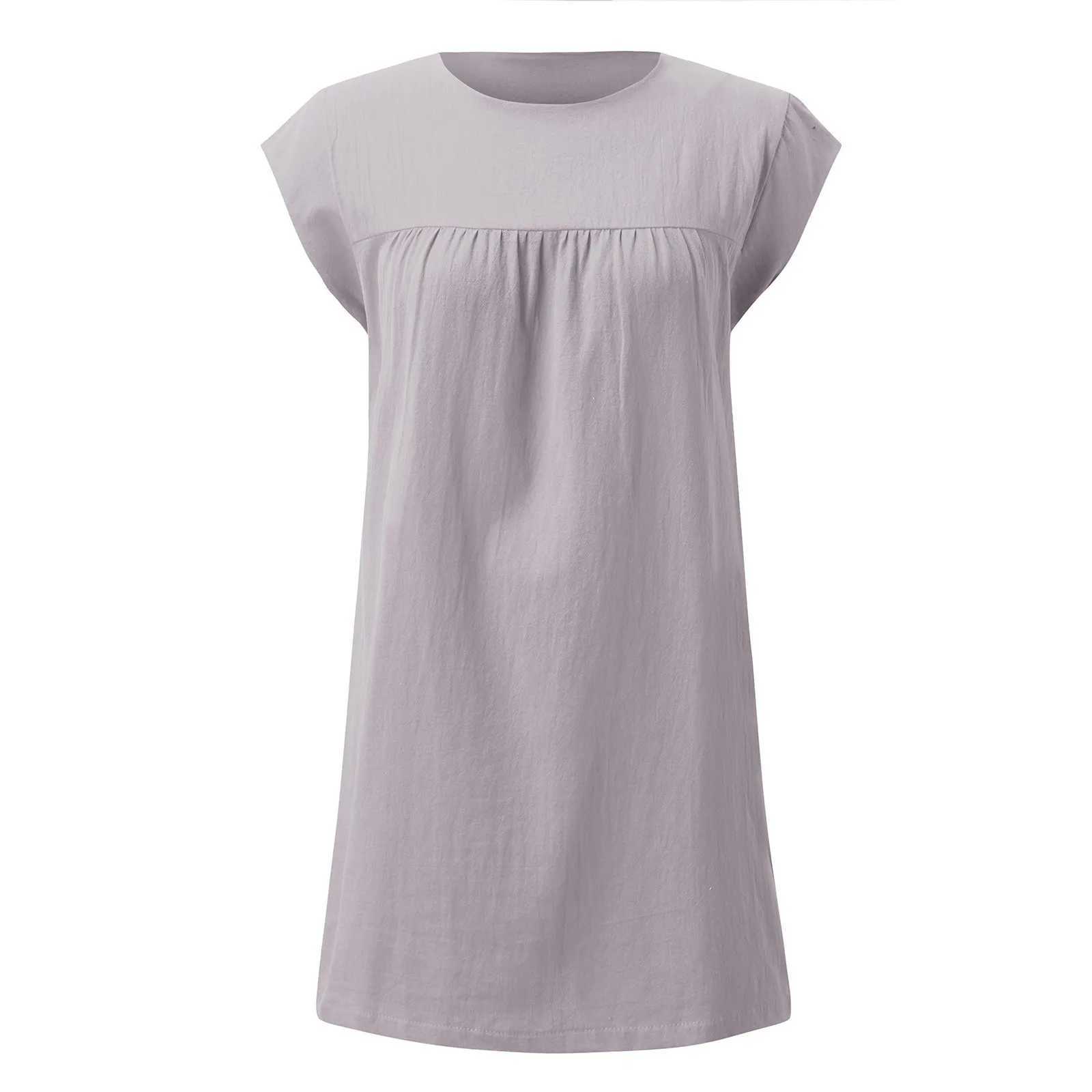 Summer Holiday Dress For Women Casual O Neck Sveless Solid Color Cotton Linen Folds Sundress Loose Vacation Beach Short DressXJ2500207
