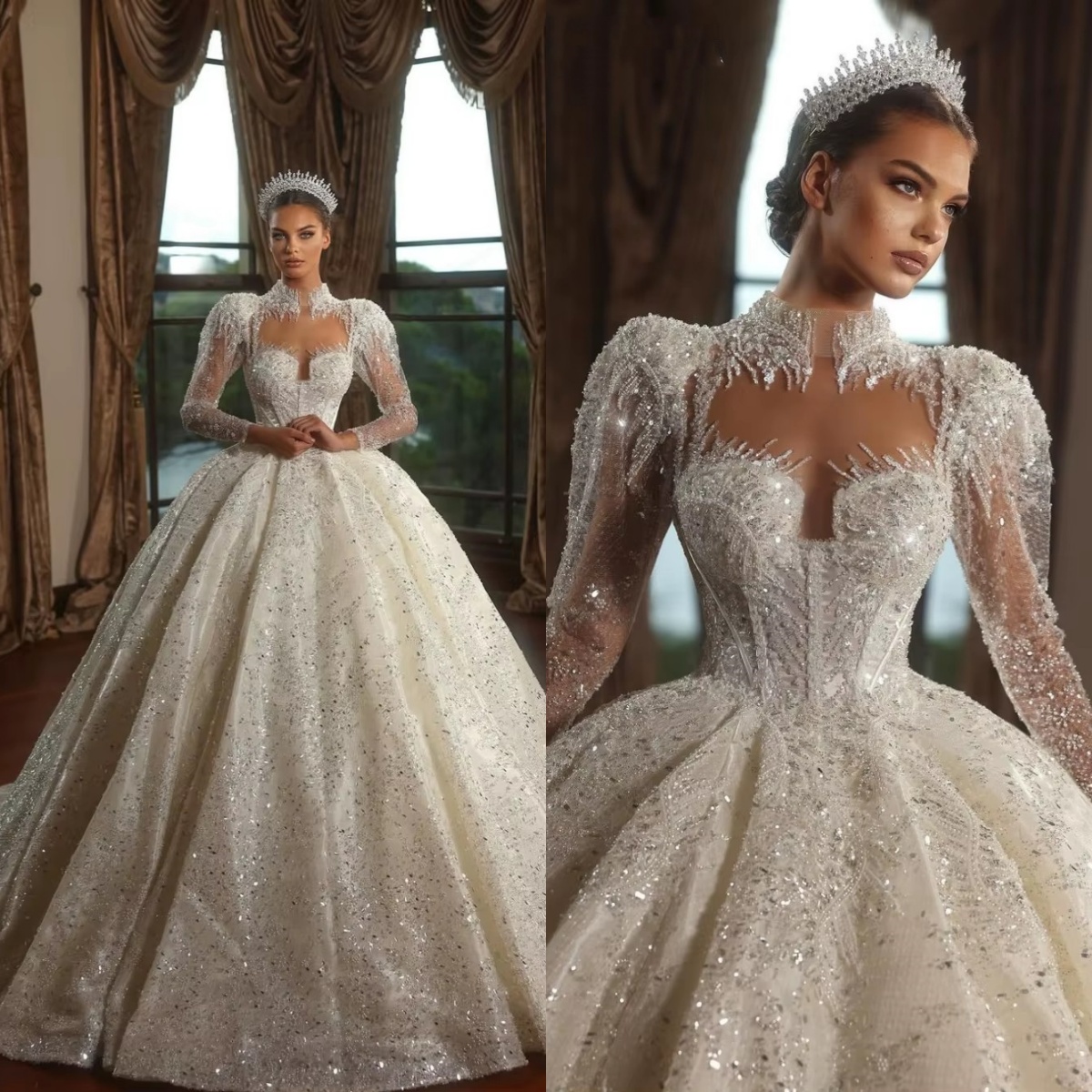 Vintage Women Wedding High Collar Long Sleeves Bridal Gowns Sequins Appliques Sweep Train Dress Custom Made vestidos de novia