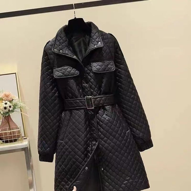 Women's Clothing Fashion Waist Mid Length Lace Up Light Slim Stand Collar Dia Cotton Coat