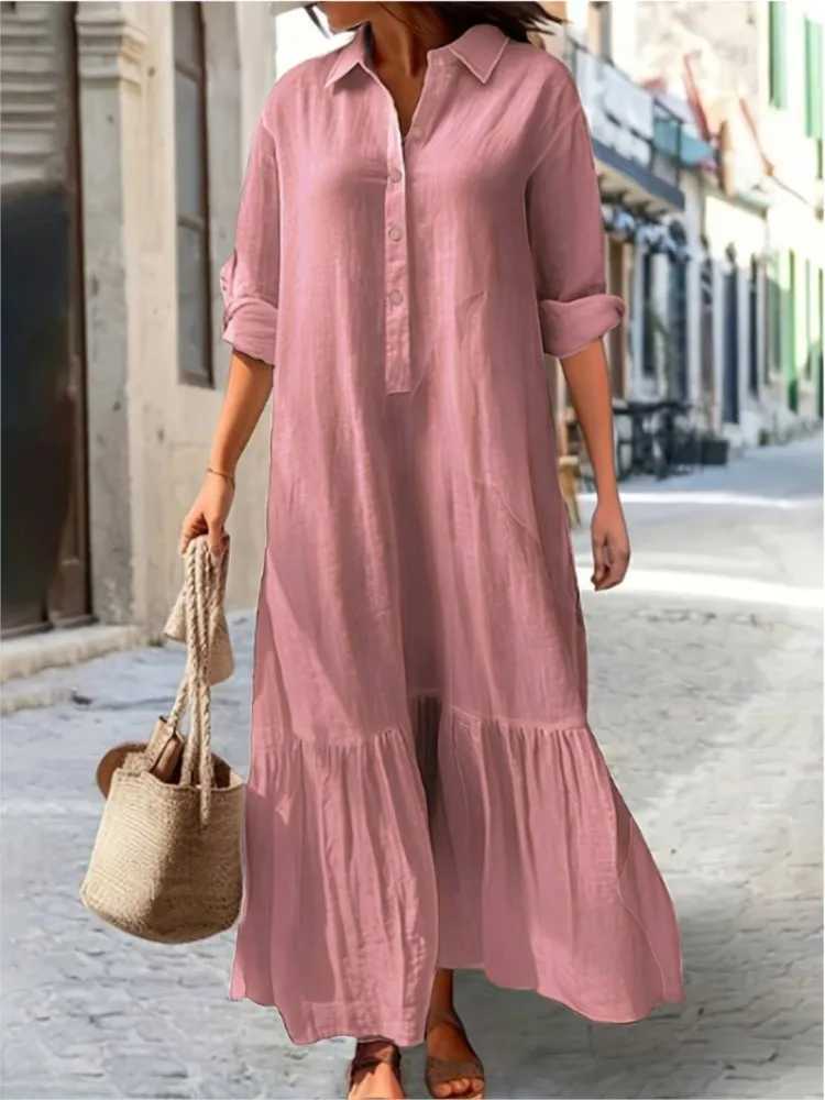 Cotton Linen Long Dress Women Long Sve Button Solid Color Casual Ruffles Loose Dresses Spring Autumn Comfortable Shirt DressXJ2500207