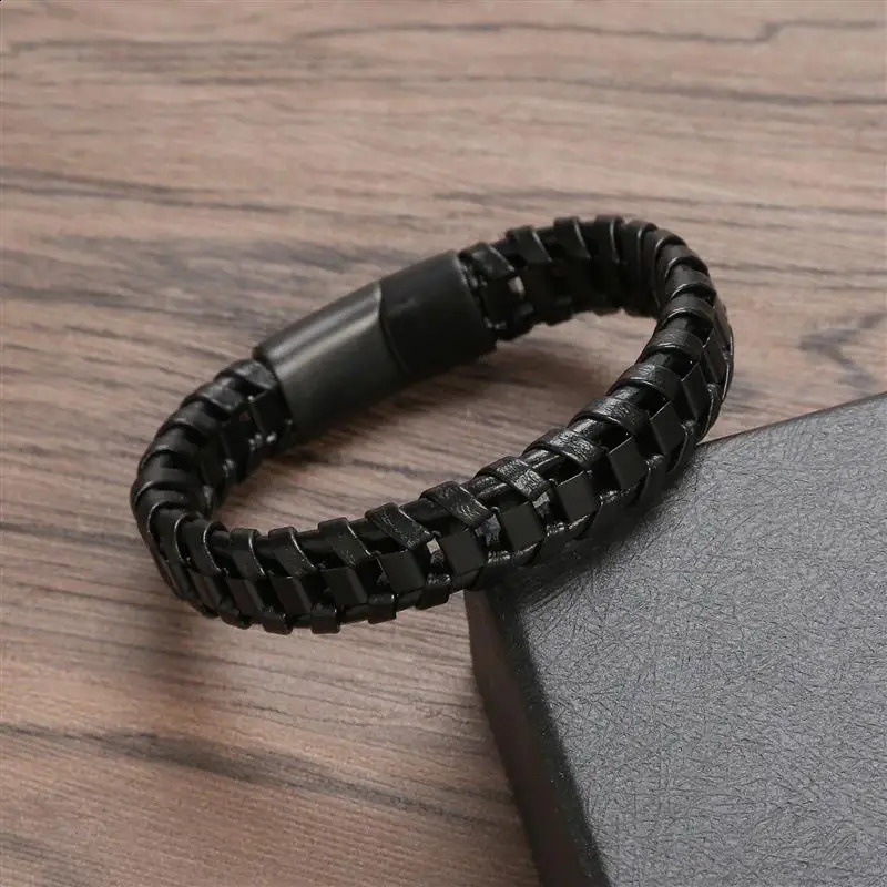 Jiayiqi Punk Men Jewelry Black Braided Leather Bracelet Stainless Steel Magnetic Clasp Fashion Bangles Wholesale Customize 250206