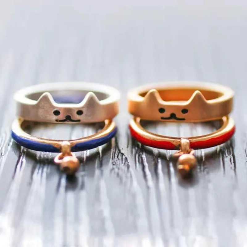 Set of 2 Cute Fashion Painted Enamel Animal Cat Bell Paw Print Open Ring Women Fashion Jewelry Couple Gift W250207
