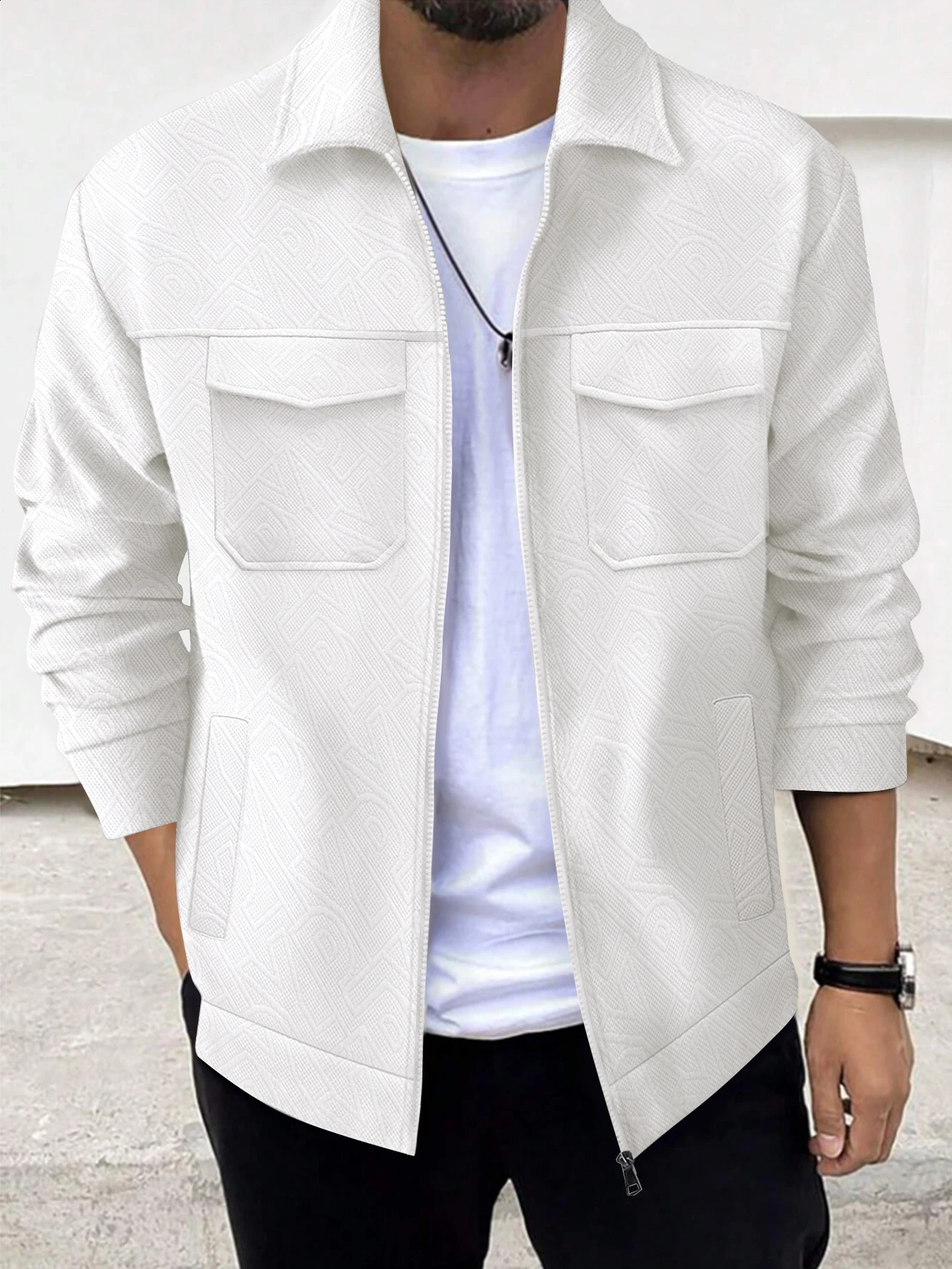 Autumn and winter mens business casual jacket trend fashion solid color lapel pocket zipper thick long-sleeved top 250206