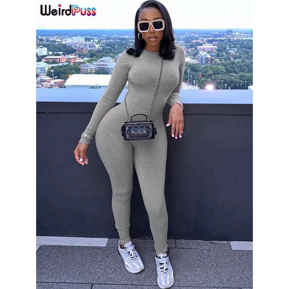 Weird Puss Solid Fiess Casual Jumpsuit Women Long Sleeve Stretch Skinny Activity Sporty Tight Simple Fall Streetwear Overalls