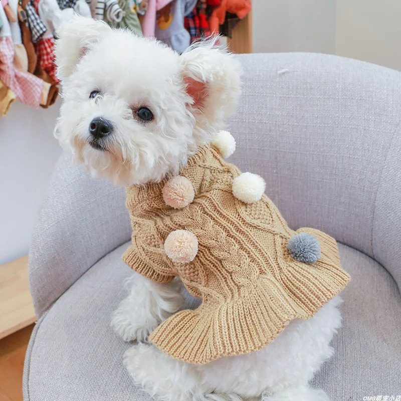 1PC Pet Apparel Dog Autumn and Winter Thickened Warm Pink Coffee Ball Knit Pullover Sweater Dress For Small Medium Dogs 250206