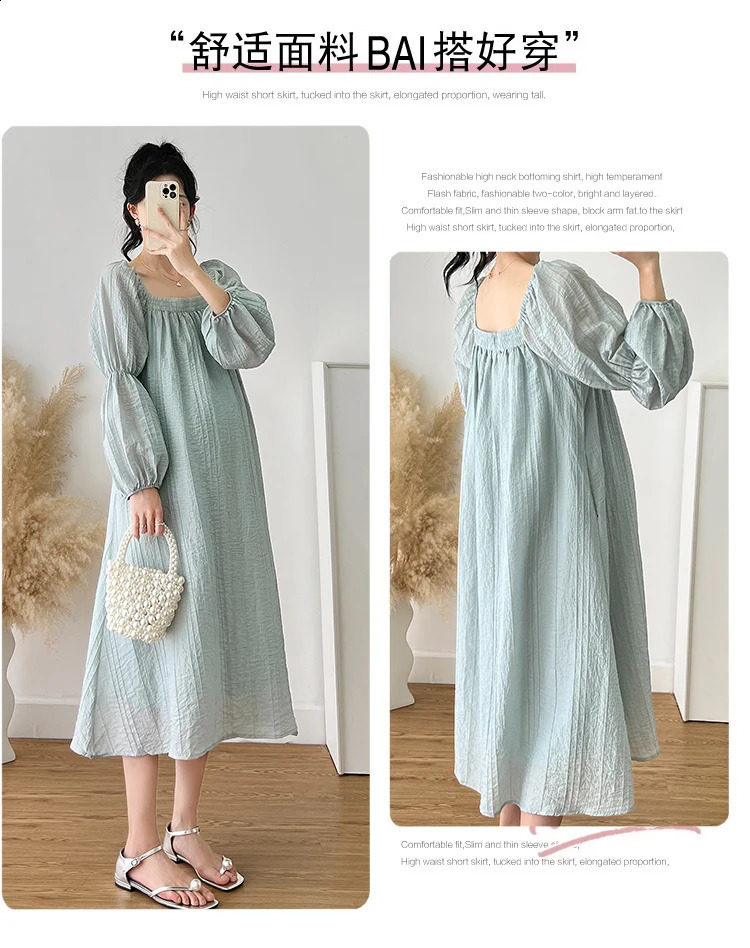 Pregnant Womens Clothing Spring Long Sleeve Square Collar Loose Maternity Chiffon Dress Plus Size Pregnancy Beach Blue 250114