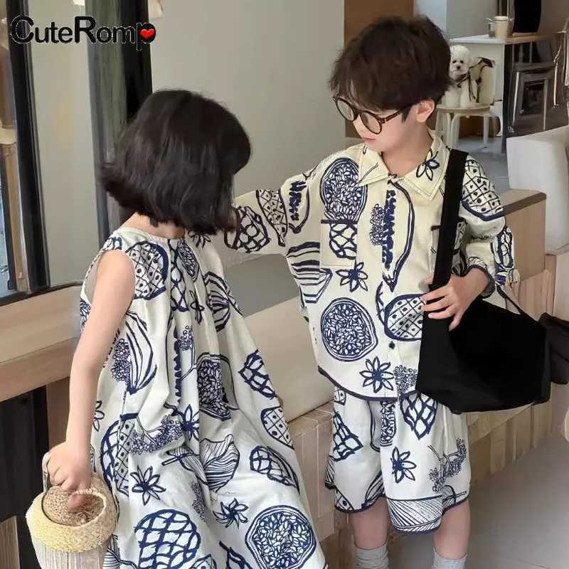 Irregular summer Drawing baby boy girl clothes casual dress Childrens clothing mother-kids Family Sibling look Beach outfit set W250207