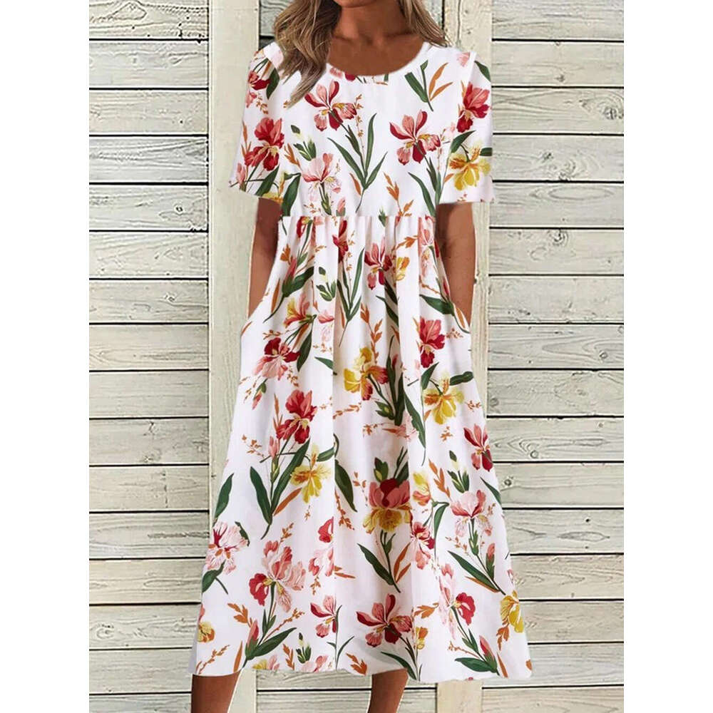 Summer Mid Waist Round Neck Printed Large Swing Women's Dress 2024 New Casual Fashion Trendy Clothing