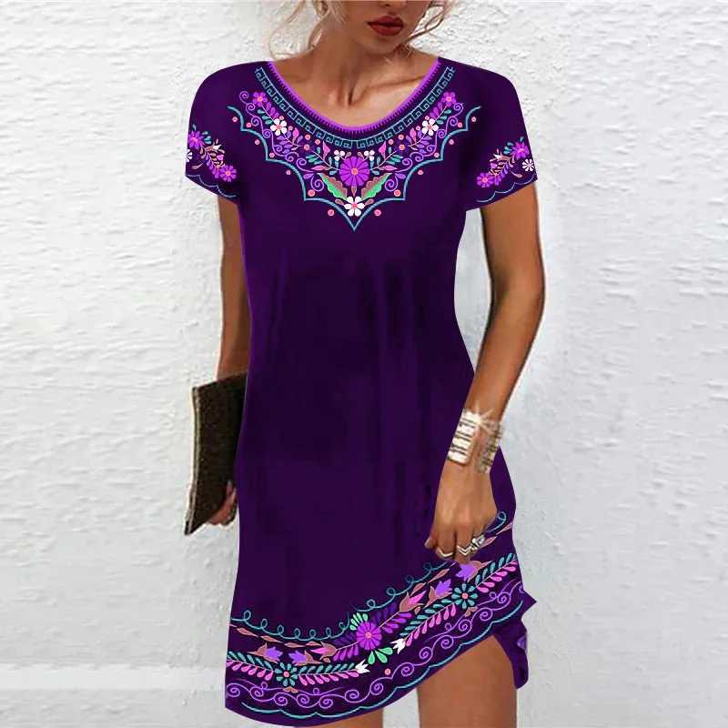 Vintage Ele Ethnic Print Dress Women V-Neck Short Sve Casual Dresses Oversized 6XL Summer New Beach Holiday Mini DressXJ2500207