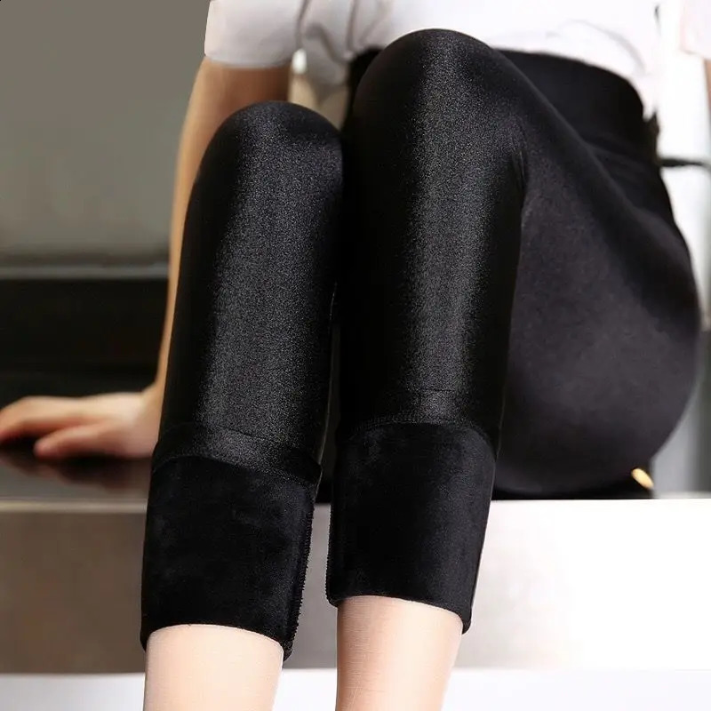 Autumn Winter Thick Leggings Fashion Solid Slim Pants Lady fleece Warm Casual Black Shiny High Waist 250206