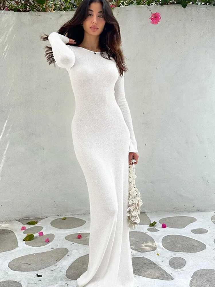 BWQ Lace Up Backless Long Sleeve Maxi Dress Women Bodycon White Long Dress Party Elegant Clothes Birthday Outfit Fall Autumn X250207