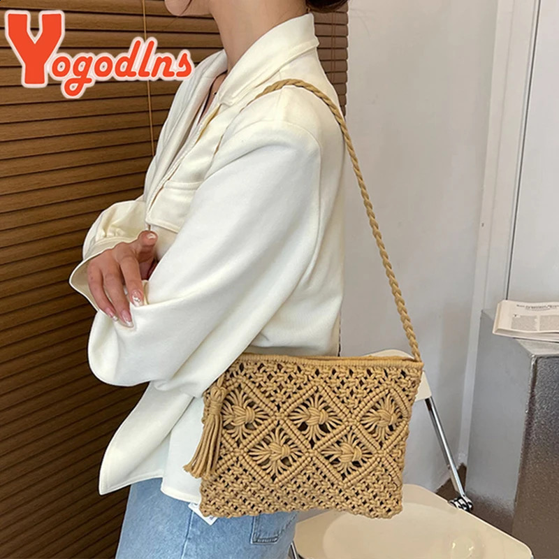 Summer Hollow Straw Bag For Women Tassel Decors Shoulder Messenger Bag Travel Beach Bag Daily Cotton Rope Crossbody Bag 250120