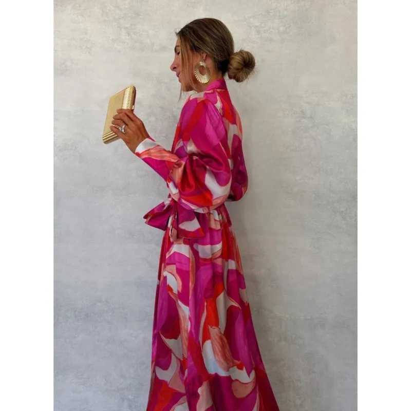 Pink Printed Womens Long Sved Dress Autumn New V-neck Cross Tie Lantern Sve Irregular Womens Long Dress 2024 VestidoXJ2500207