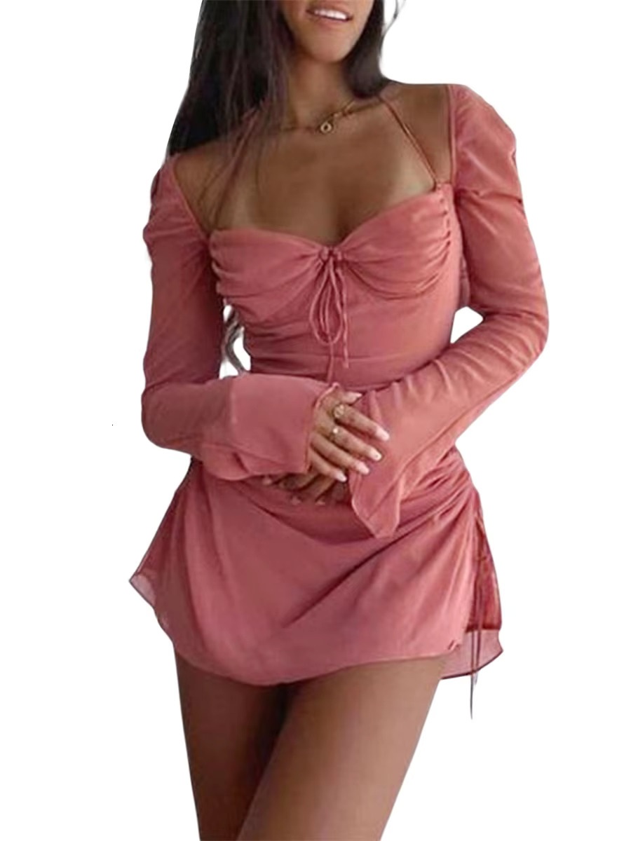 Women Long Sleeve Drawstring Pleated Halter Neck Mini Elegent Solid Pink Brown Short Dress
