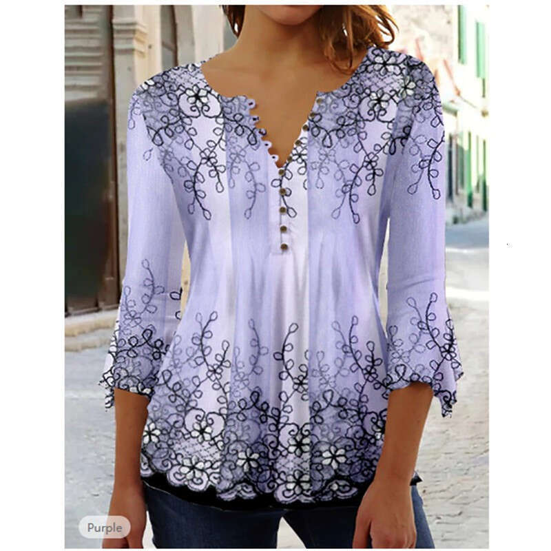 European and American summer fashion Ruili ral print V-neck seven quarter sleeve T-shirt 2024 temperament versatile new trendy clothing ins