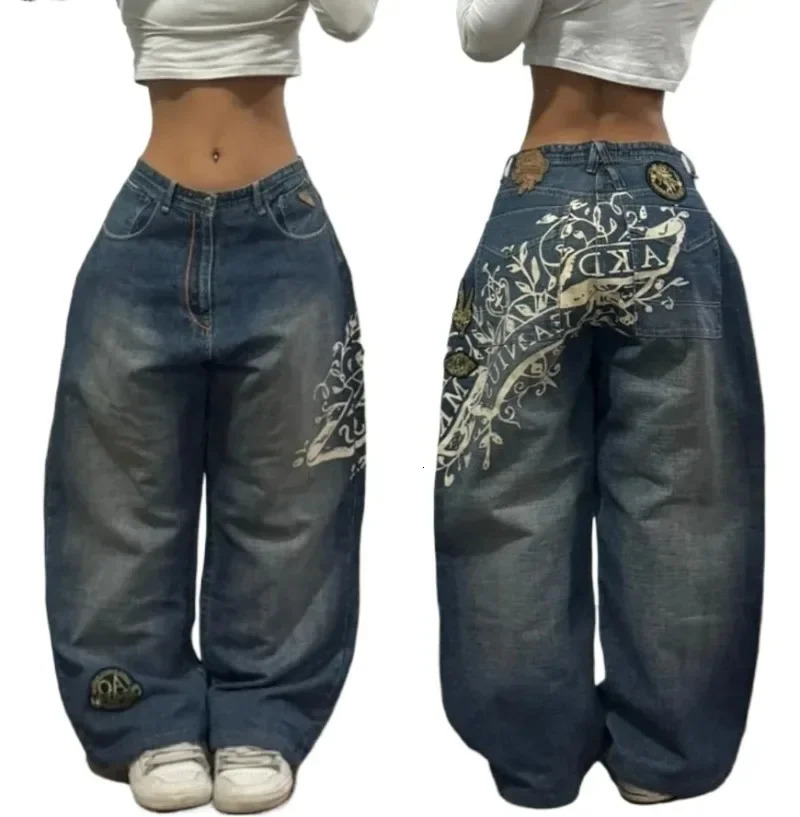 2024 American Trend Retro Hiphop Embroidery Pattern Baggy Jeans For Men And Women Y2K Harajuku Gothic Wide Pants Streetwear 250121