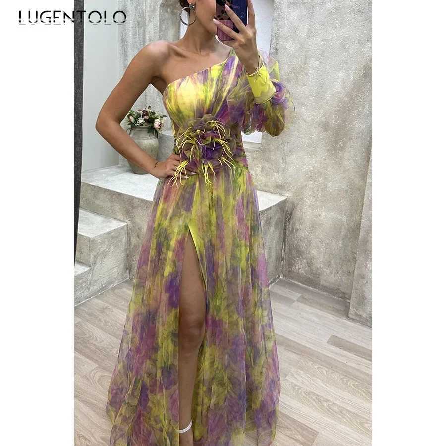 Womens Sexy Party Dress Mesh Cut-outs Waist Split End Slanted Shoulders Big Swing Fashion Slveless Slim Floral Print On Cloth X250207