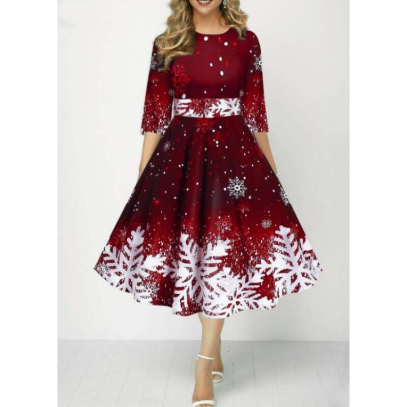 Christmas style European and American women's fashion personality snowflake digital printing mid sleeve waist cinched dress 2024 temperament vers