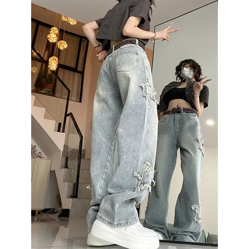 American Retro Star Pattern Blue Denim Trousers for Women Korean Ins Highwaisted Jeans Straight Leg Fashion Washed Female Pants 250206