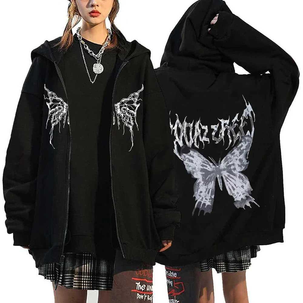 Womens Vintage Butterfly Print Hoodies Autumn Winter Zip Up Long Sleeve Pocket Loose Sweatshirt Y2K Female Gothic Streetwear W250207