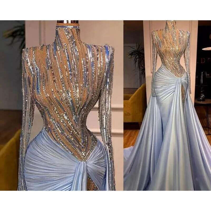 Evening Women Dress Youseljasmi Long Sleeve High Neck Zuhair Murad Myriam Fares Blue Sequines Pleat Satin Mermaid Sheath Kim Kardashian Kylie Jenner W