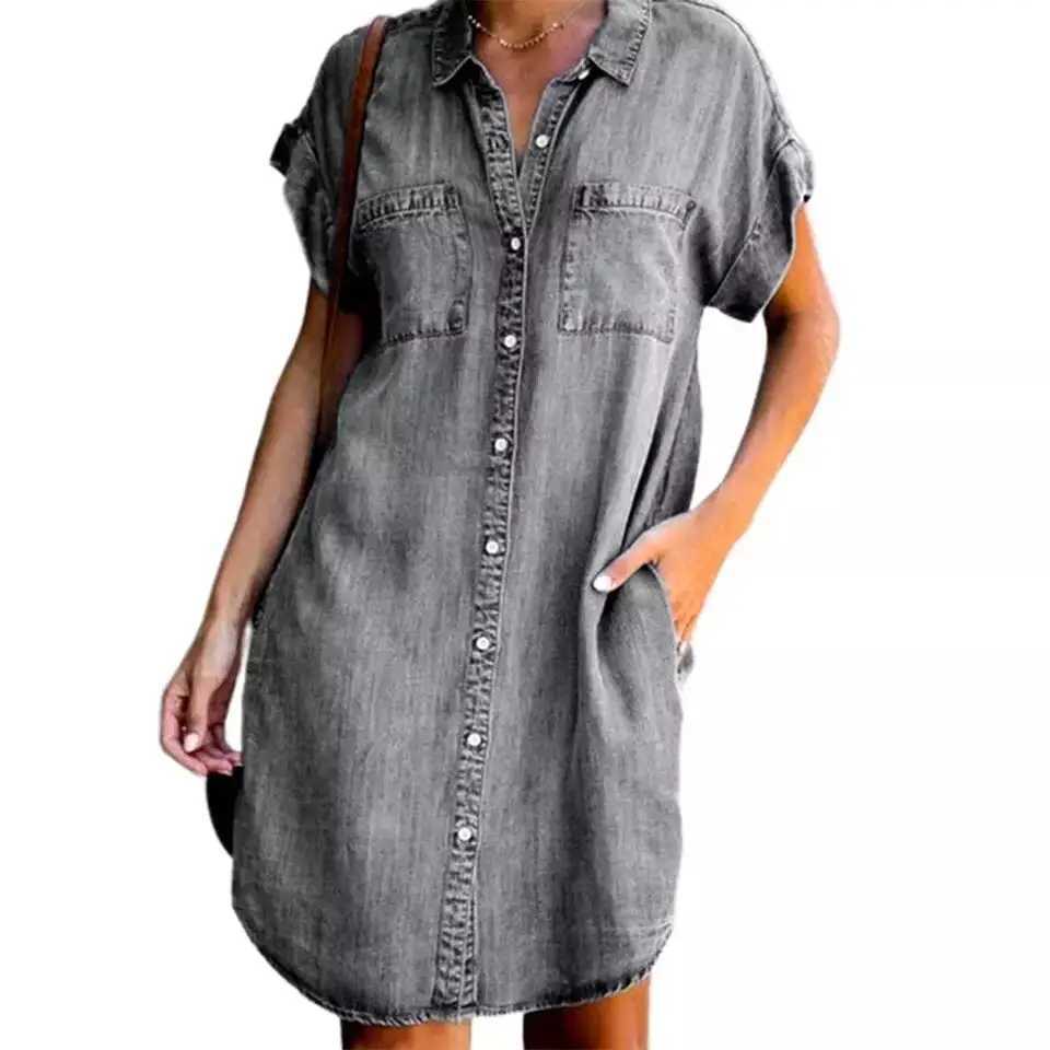 Summer New Single Breasted Denim Shirt Dress Womens Casual Loose Pocket Simple Retro Comter Fe Office Denim Short SkirtXJ2500207