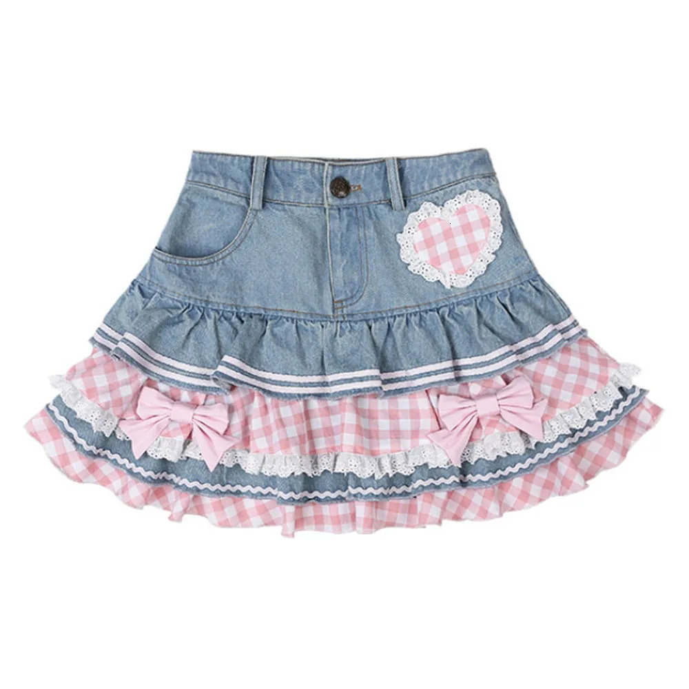 2024 Sweet Lolita Mini Denim Skirts Women Gothic Lace Plaid Hearts Ruffles Jk Skirt Japanese Sexy Y2k Punk Tiered Skirt 250207