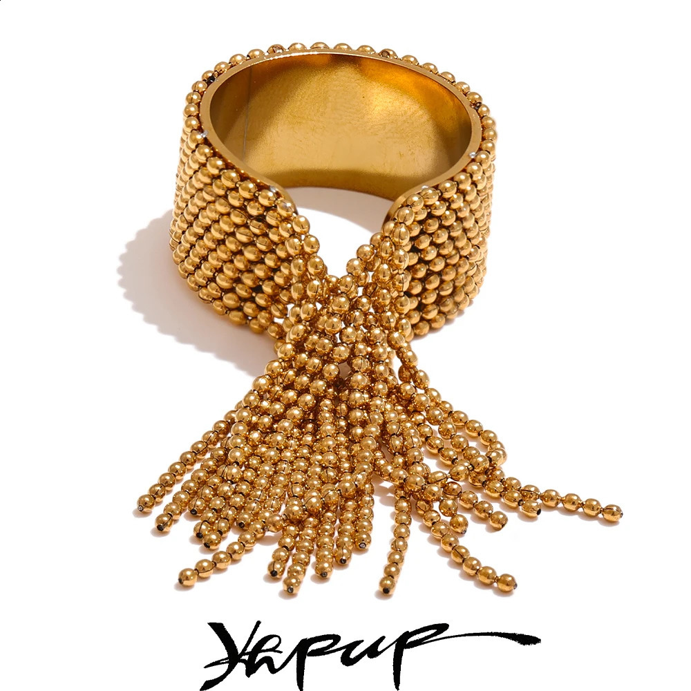 Yhpup Statement Stainless Steel Chain Tassel Finger Ring Adjustable 18K PVD Plated High Quality Charm Stylish Golden Jewelry 250206