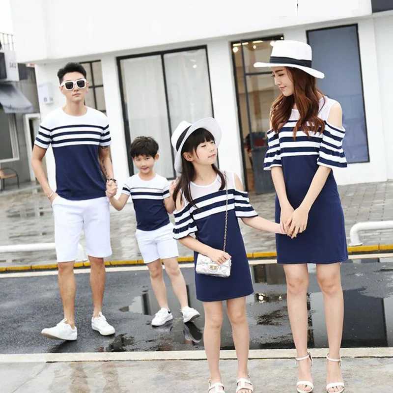 Striped Family Matching Outfits Clothes Off Shoulder Mother Daughter Dress Father Son T-Shirt Family Set Parent-Child Clothing W250207