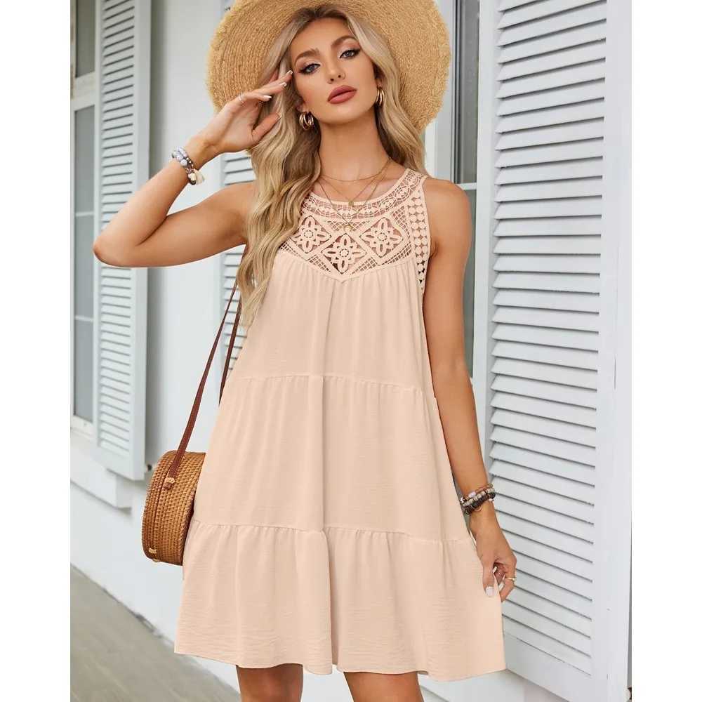 Fashion Sexy Hollow Lace Patchwork Halter Neck Women A Line Dress Summer Casual Solid Color Loose Beach Holiday Fe SundressXJ2500207