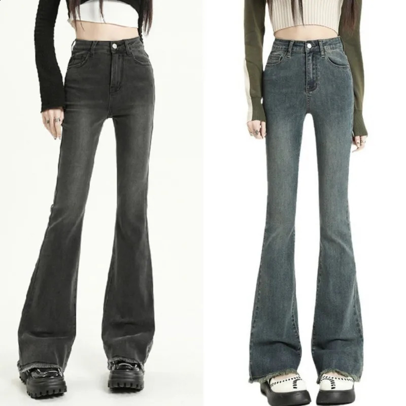 Korean Version High Waisted Fringed n Denim Pants Fashionable Temperament Versatile Flared Trouser Legs Jeans for Female 250206