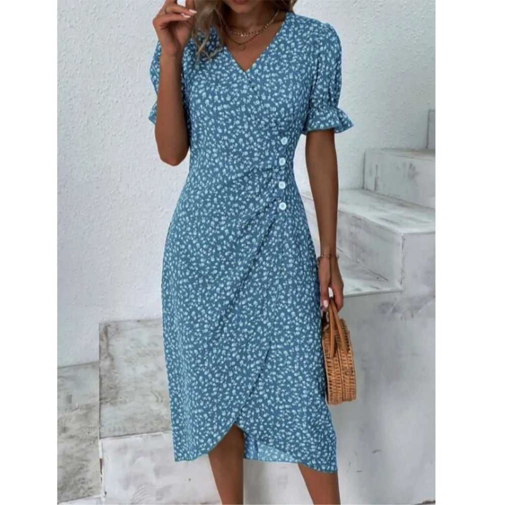 Ele Ladies Midi Dress Geometric Button Split Dress Vestidos Medievales Para jer De Verano Elbiseler Jurken DamesXJ2500207