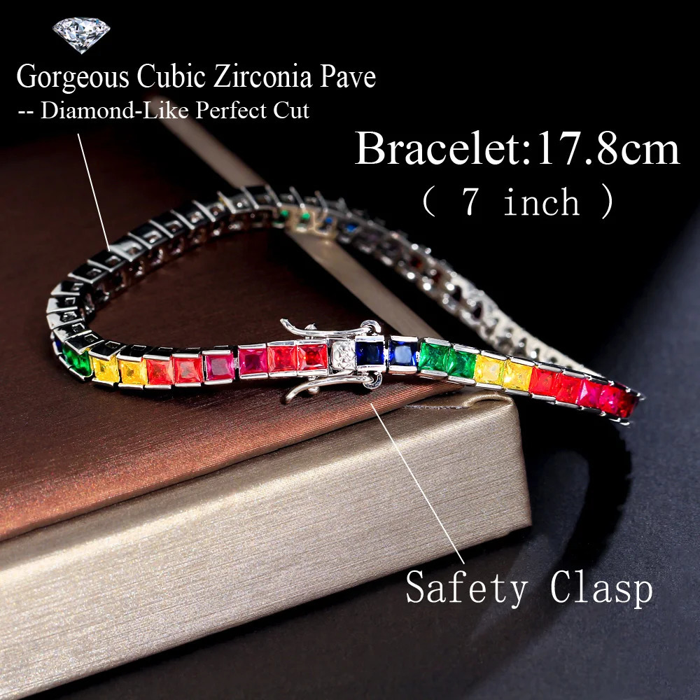 CWWZircons Shiny 5A Cubic Zircon Fine Fashion Rainbow Colorful Iced Out Sqaure CZ Tennis Chain Bracelet for Women CB294 250207