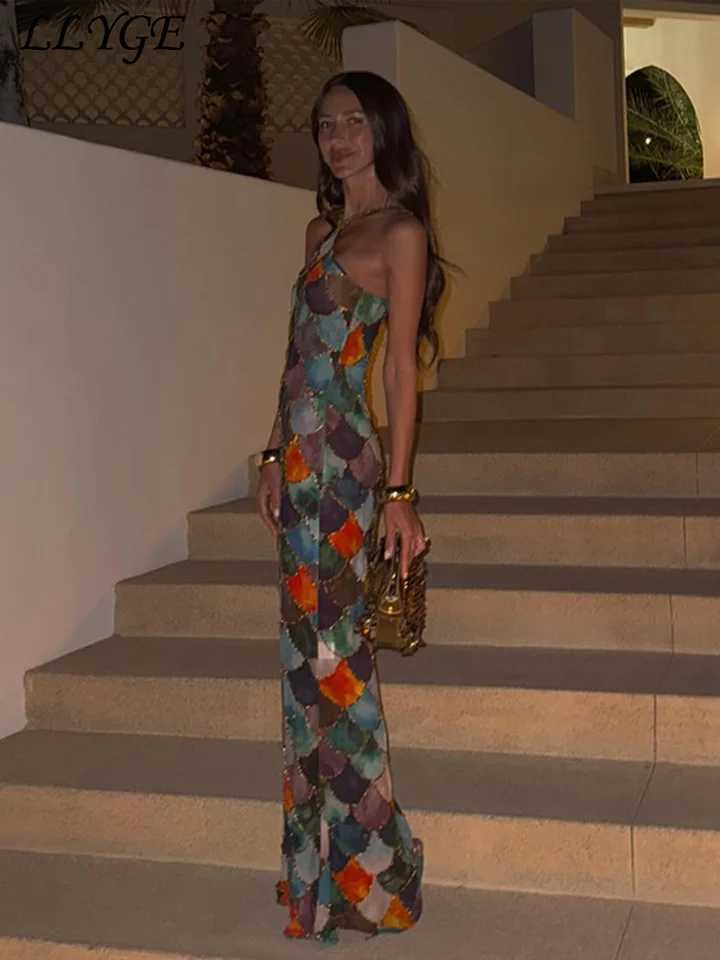 Sexy printed long suspender dress for women backless Hip bag womens party dress 2025 spring/summer womens shiny long robe new X2503241