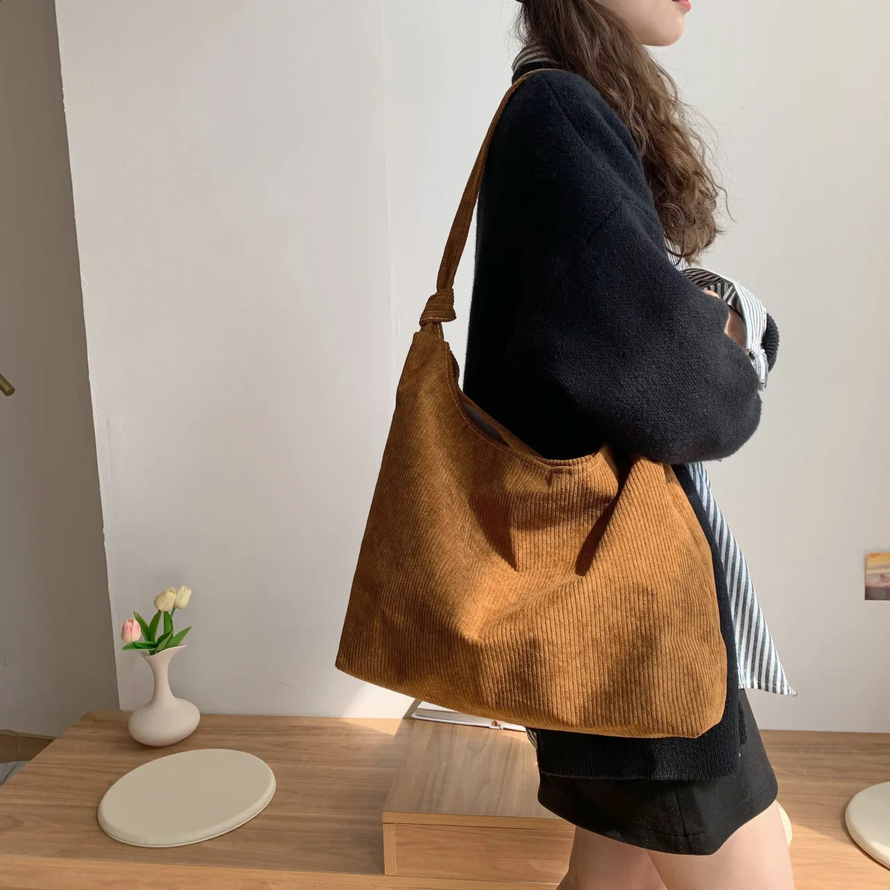 Corduroy Canvas Bag Student Shoulder Tote Cloth Bag Large Capacity Tote Class Bag 250122