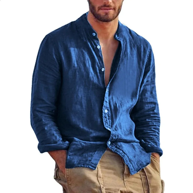 Sweatwear Mens Long Sleeve Shirt Linen Solid Color Shirts Trend Stand Collar Casual Lightweight Breathable Tops Hawaiian Shirt 250206