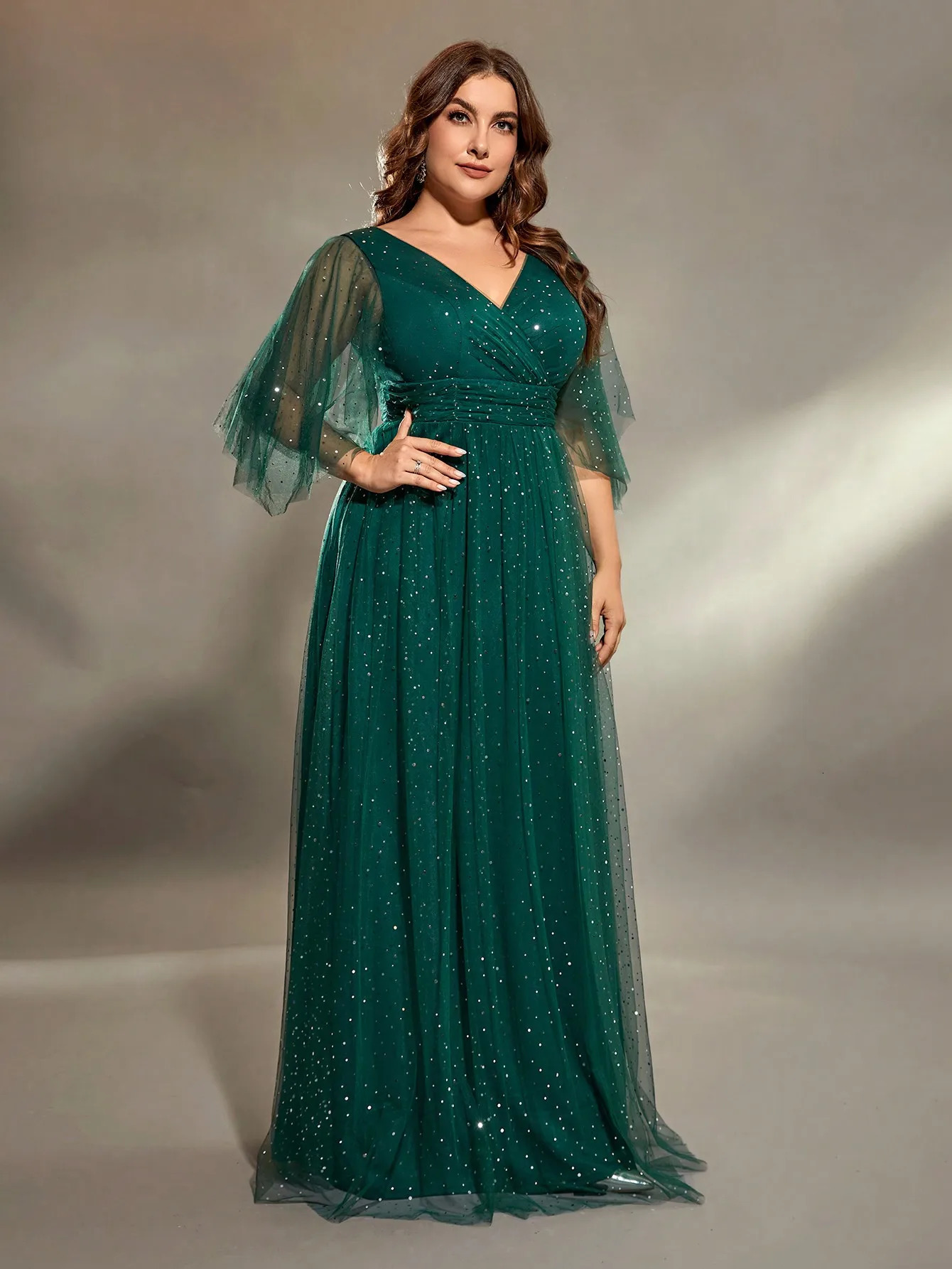 Mgiacy plus size V-neck cross chest pleats irregular long sleeve fillet netting A full skirt Evening gown Ball dress Party dress 250207