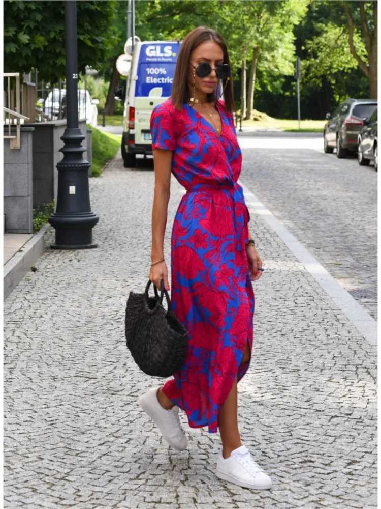 Women Floral Print Long Dresses Summer Sexy V Neck Split Lace-up Dress Fe Casual Ele Short Sve Beach Dress VestidosXJ2500207