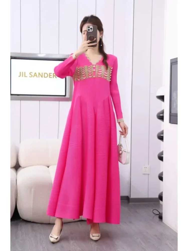 Pleated A Line Dresses For Women Evening Party Solid Full Sve V-neck Ele Lady New 2025 Spring Long Dress 2AN5190XJ2500207
