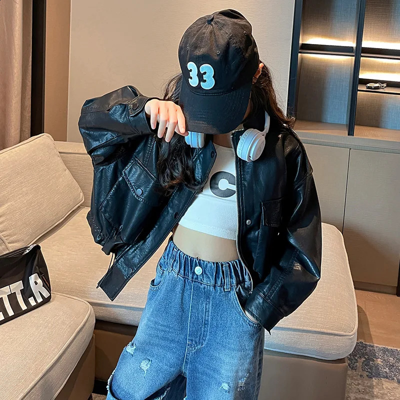Girls Leather Jacket Autumn Trendy Cool Teenage Kids PU Outerwear Black Casual All-match Streetwear Kids Coats 10 12 13 14 Years 250206