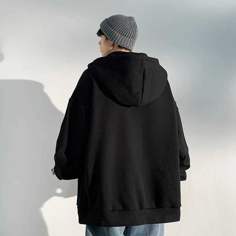 Winter and autumn loose solid color fashionable hooded sweatshirt jacket American style zipper mens cardigan W250207