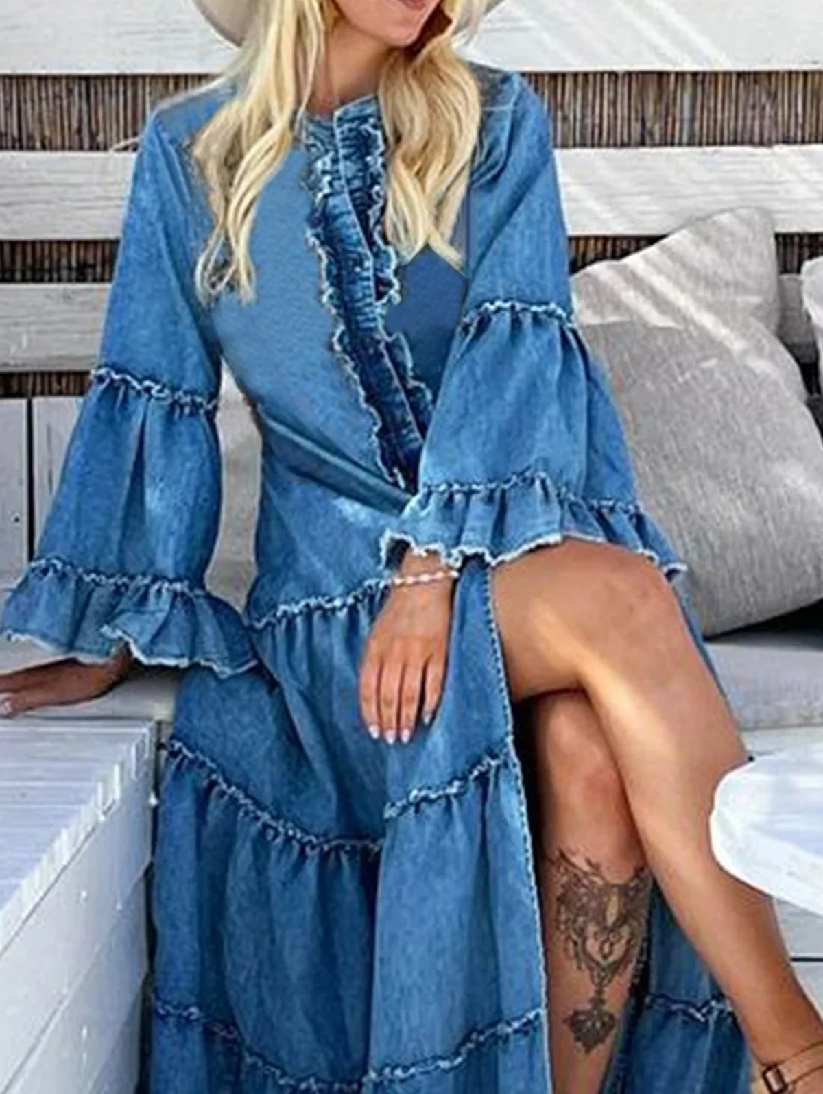 Women Demin Maxi Dress O Neck Irregular Fashion Long Dress Elegant Party Casual Long Sleeve Solid Slit Ruffled Vestidos 250207
