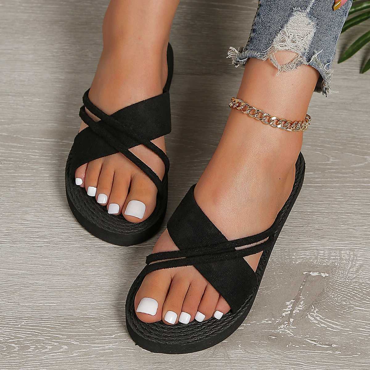 Womens fi trend pure black belt anti-slip wear-resistant flat slippersXJ250207