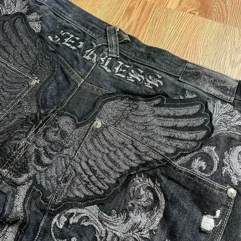 2024 American Retro Skull Wings Embroidered Baggy Jeans Men And Women Y2K Harajuku Hip-hop Gothic Wide Trousers Streetwear 250122