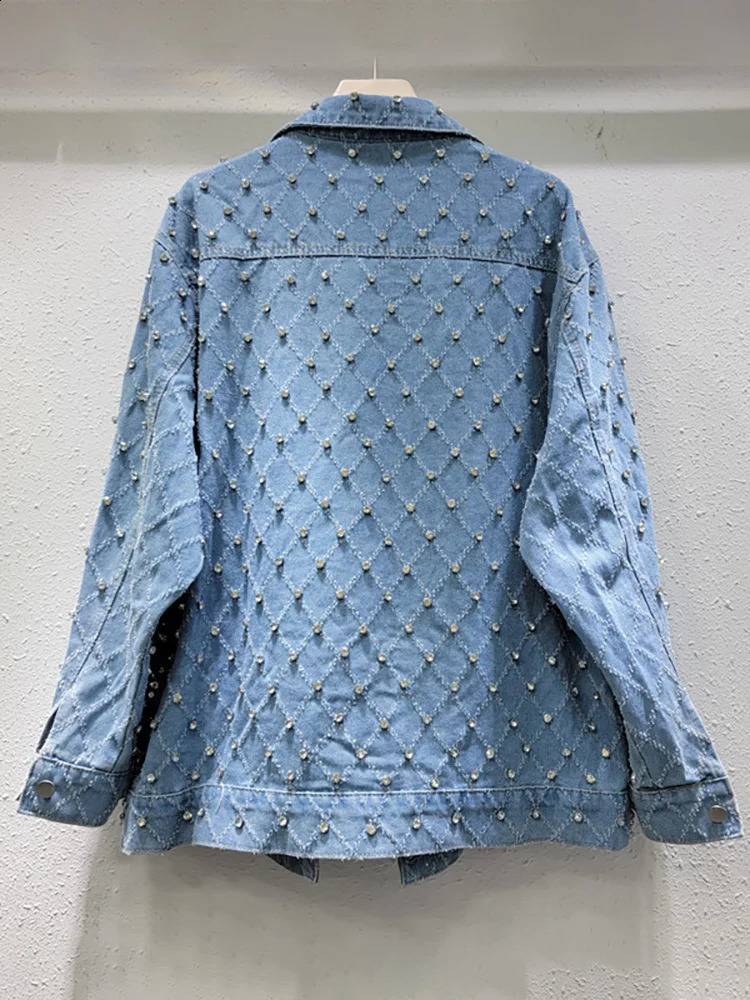 DEAT Womens Denim Coat Blue Long Sleeve Full Diamonds Distressed Jacquard Plaid Jackets 2025 Spring Fashion 29L7709 250121